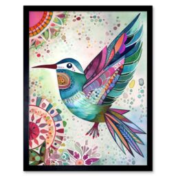 "Artery8 Wall Art Print Hummingbird With Multicolour Mandala Patterns Folk Art Watercolour Painting Art Framed in Black - Size: W12"" x H16""" - thumbnail 1