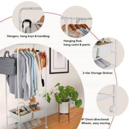 KORVIXA 2 Tier Metal Rolling Clothing Garment Rack in White - thumbnail 4