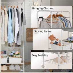 KORVIXA 2 Tier Metal Rolling Clothing Garment Rack in White - thumbnail 3