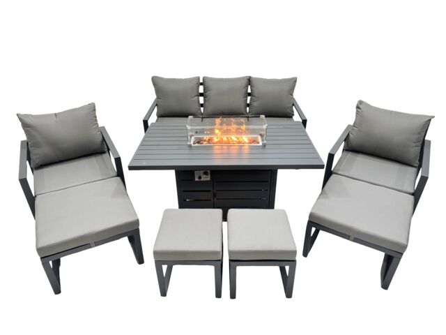 Fimous 9 Seat Aluminium 3 Seat Sofa Gas Fire Pit Table Sets with 4 Stools in Dark Grey - image 1