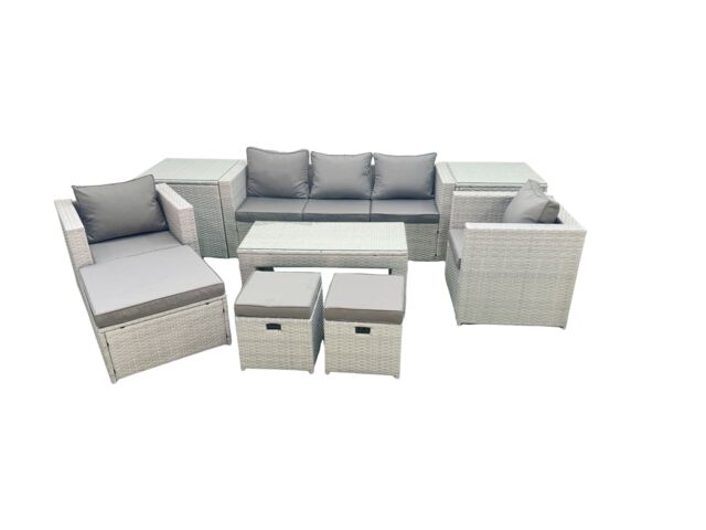 Fimous Rattan Garden Furniture Set 8 Seater Outdoor Garden Sofa Oblong Coffee Table Set with 2 Chairs 3 Stools 2 Side Tables Light Grey Mixed - image 1