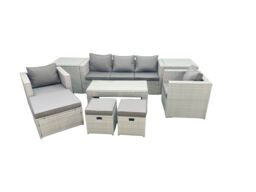 Fimous Rattan Garden Furniture Set 8 Seater Outdoor Garden Sofa Oblong Coffee Table Set with 2 Chairs 3 Stools 2 Side Tables Light Grey Mixed - thumbnail 1