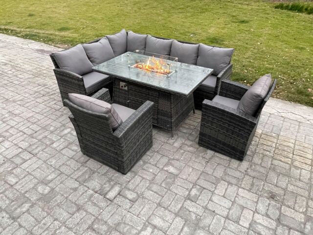 Fimous Rattan Garden Furniture High Back Corner Sofa Gas Fire Pit Dining Table Sets Gas Heater with 2 Armchairs 8 Seater in Dark Grey - image 1