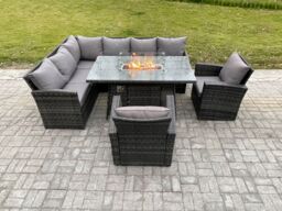 Fimous Rattan Garden Furniture High Back Corner Sofa Gas Fire Pit Dining Table Sets Gas Heater with 2 Armchairs 8 Seater in Dark Grey - thumbnail 2