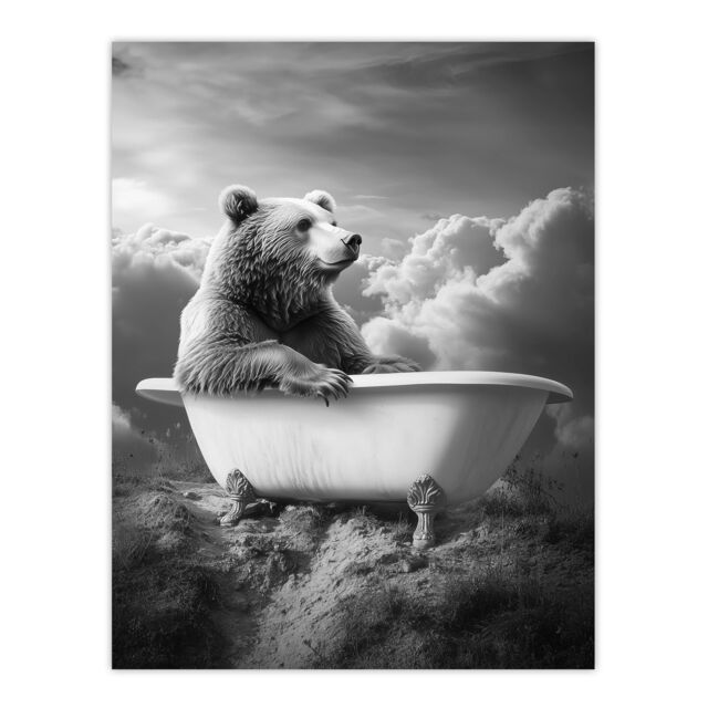 "Artery8 Grizzly Bear Mountain Bathtub Black White Surreal Wall Art Print in Grey - Size: W18"" x H24""" - image 1