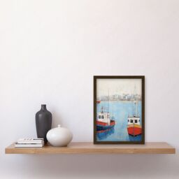 Artery8 Wall Art Print Trailer Trawler Boats in Harbour Oil Painting Red Blue Abstract Coastal Town Bathroom Artwork Framed A4 in Brown - thumbnail 2