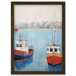 Artery8 Wall Art Print Trailer Trawler Boats in Harbour Oil Painting Red Blue Abstract Coastal Town Bathroom Artwork Framed A4 in Brown - thumbnail 1