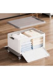 Living and Home Plastic Storage Box Folding Toy&Clothes Storage Cart with Wheels & Lid in White - thumbnail 3
