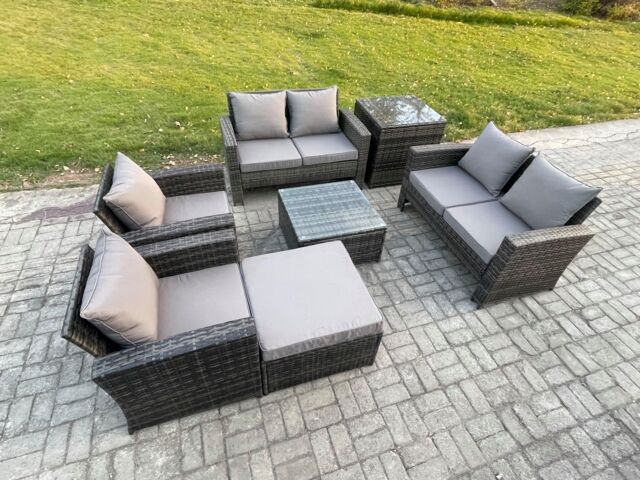 Fimous Rattan Garden Furniture Set 7 Seater Patio Outdoor Lounge Sofa Set with Square Coffee Table Double Seat Sofa Side Table in Dark Grey