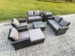Fimous Rattan Garden Furniture Set 7 Seater Patio Outdoor Lounge Sofa Set with Square Coffee Table Double Seat Sofa Side Table in Dark Grey - thumbnail 1