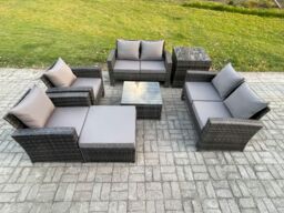 Fimous Rattan Garden Furniture Set 7 Seater Patio Outdoor Lounge Sofa Set with Square Coffee Table Double Seat Sofa Side Table in Dark Grey - thumbnail 2
