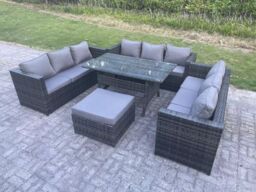 Fimous Outdoor Wicker Garden Furniture Rattan Lounge Sofa Set Patio Rectangular Dining Table Footstool 10 Seater in Dark Grey - thumbnail 2