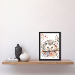 "Artery8 Hedgehog in Wildflowers Modern Watercolour Pastel Framed Art Print in Pink - Size: W12"" x H16""" - thumbnail 4