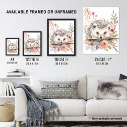 "Artery8 Hedgehog in Wildflowers Modern Watercolour Pastel Framed Art Print in Pink - Size: W12"" x H16""" - thumbnail 3