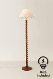 ValueLights Bobbin Colour Trim Linen Shade Walnut Bobble Floor Lamp with Bulb in Pale Green