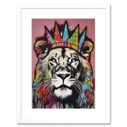"Artery8 Wall Art Print Lion with Crown King of the Jungle Modern Pop Artwork Framed 9X7 Inch in White - Size: W7"" x H9""" - thumbnail 1