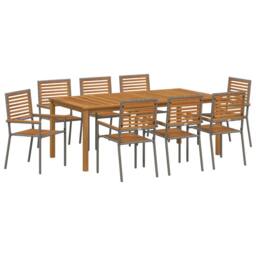 Berkfield Home 9 Piece Garden Dining Set Grey Poly Rattan Acacia - thumbnail 2