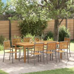 Berkfield Home 9 Piece Garden Dining Set Grey Poly Rattan Acacia - thumbnail 1