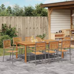 Berkfield Home 9 Piece Garden Dining Set Grey Poly Rattan Acacia - thumbnail 4