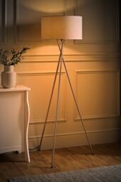 ValueLights Camden Brushed Chrome Tripod Floor Lamp with Grey Drum Lamp Shade - thumbnail 2