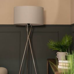 ValueLights Camden Brushed Chrome Tripod Floor Lamp with Grey Drum Lamp Shade - thumbnail 6