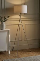 ValueLights Camden Brushed Chrome Tripod Floor Lamp with Grey Drum Lamp Shade