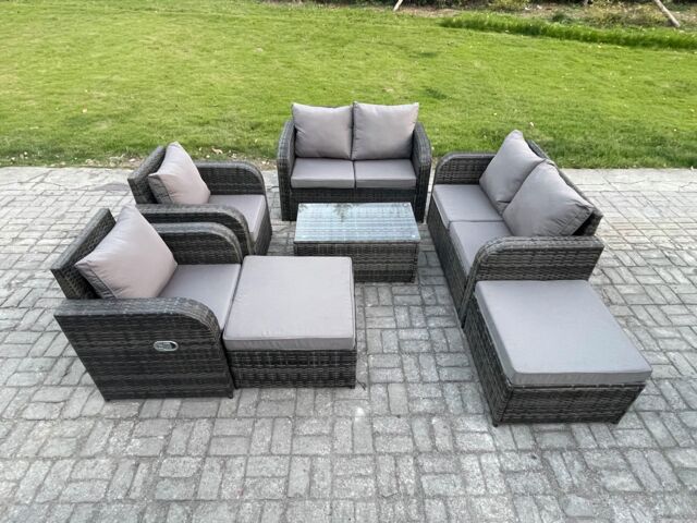 Fimous 8 Seater Garden Furniture Set Rattan Outdoor Lounge Sofa Chair With Tempered Glass Table 2 Big Footstool Dark Grey Mixed - image 1