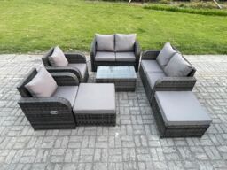 Fimous 8 Seater Garden Furniture Set Rattan Outdoor Lounge Sofa Chair With Tempered Glass Table 2 Big Footstool Dark Grey Mixed - thumbnail 1