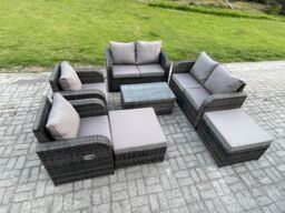 Fimous 8 Seater Garden Furniture Set Rattan Outdoor Lounge Sofa Chair With Tempered Glass Table 2 Big Footstool Dark Grey Mixed - thumbnail 2