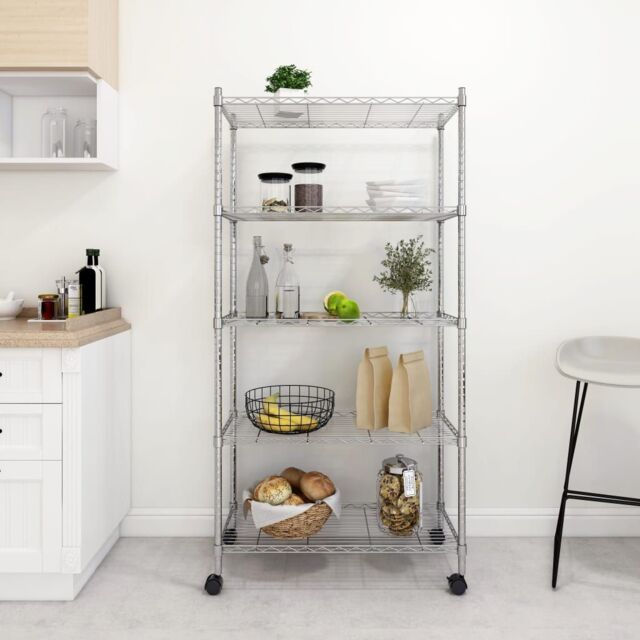 Berkfield Home 5-Tier Storage Shelf with Wheels 75x35x155 cm Chrome 250 kg in Silver - Size: 75 x 35 x 155 cm - image 1