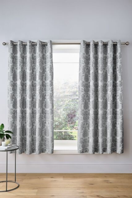 Catherine Lansfield 'Damask Jacquard' Lined Eyelet Curtains in Silver - Size: 168 cm width x 229 cm drop - image 1