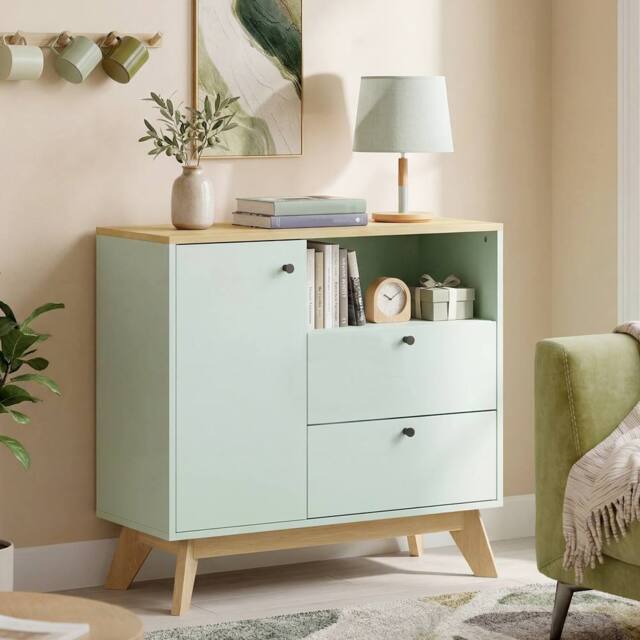 HOMCOM Sideboard, 80 cm Buffet Cabinet with 2 Drawers, Light Green & Oak - image 1