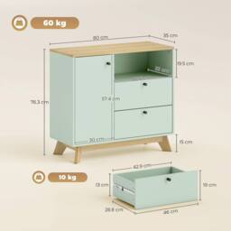 HOMCOM Sideboard, 80 cm Buffet Cabinet with 2 Drawers, Light Green & Oak - thumbnail 3