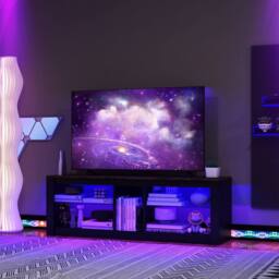 Gymax TV Stand with LED Light for TVs up to 65 Inch With Adjustable Shelves in Brown - thumbnail 3