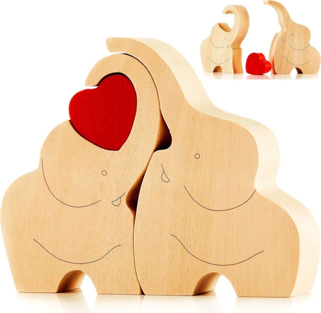 Novecrafto Loving Wooden Elephant Couple Figurine with Red Heart - Heartfelt Ornament Decor Gift with a Message of Love in Natural - image 1