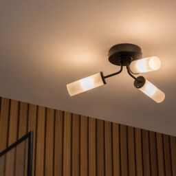 ValueLights Canya 3 Way IP44 Rated Bathroom Frosted Reeded Glass Flush Ceiling Light in Black - thumbnail 1