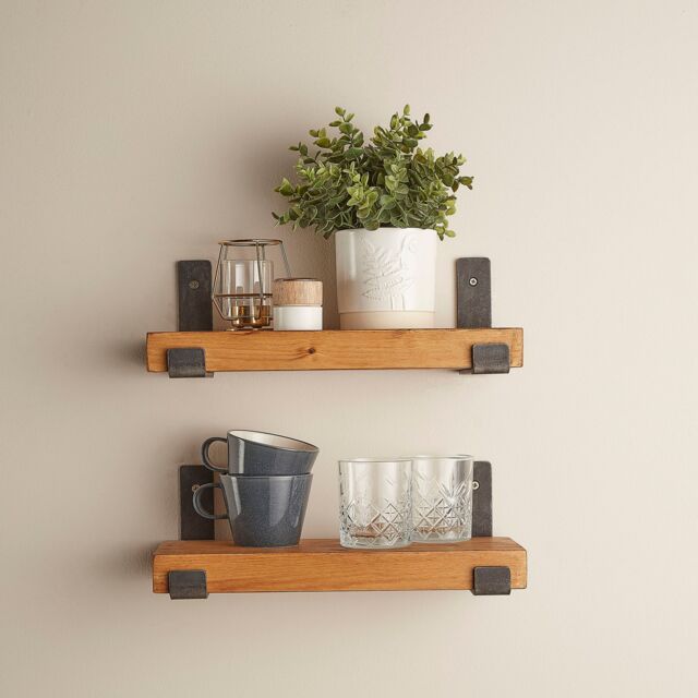 Off the Grain 2 Pack Rustic Solid Wood Wall Shelves with Metal Brackets - 15cm Depth x 5cm Thickness - Rustic Pine Finish - Size: 120 cm x 15 cm - image 1