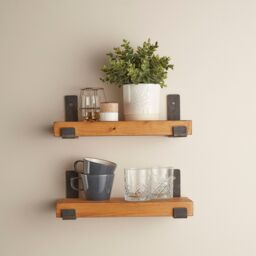 Off the Grain 2 Pack Rustic Solid Wood Wall Shelves with Metal Brackets - 15cm Depth x 5cm Thickness - Rustic Pine Finish - Size: 120 cm x 15 cm - thumbnail 4