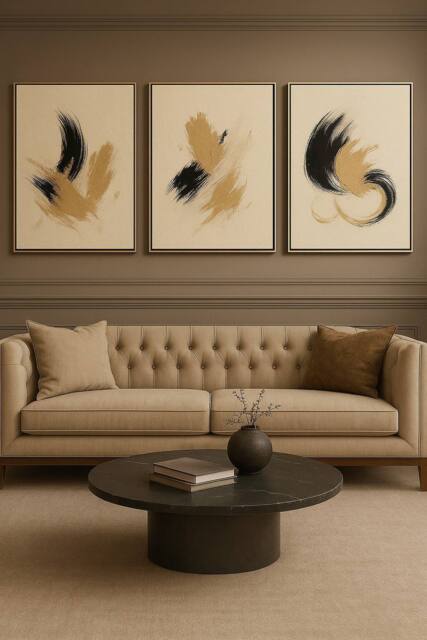 Mafett Set of 3 Abstract Brushstroke Framed Wall Art in Black Gold - Size: A2