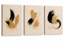 "Mafett Set of 3 Abstract Canvas Wall Art Print Black Gold - Size: W24"" x H32""" - thumbnail 3
