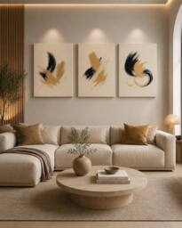 "Mafett Set of 3 Abstract Canvas Wall Art Print Black Gold - Size: W24"" x H32""" - thumbnail 2