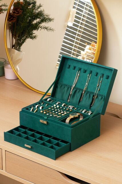 Living and Home 3-Tier Dark Green Jewelry Box with Lock - image 1