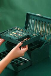 Living and Home 3-Tier Dark Green Jewelry Box with Lock - thumbnail 3