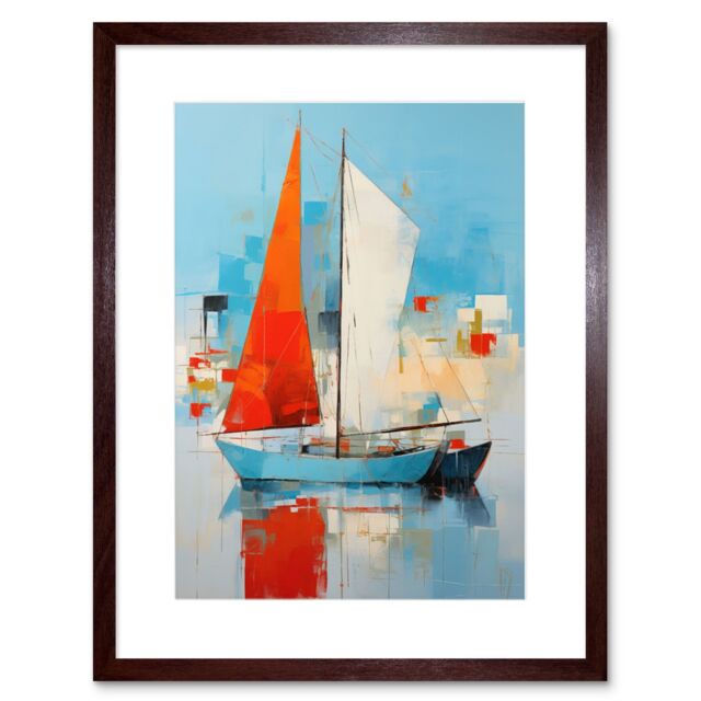 Artery8 Wall Art Print Abstract Sailing Boats Ships Oil Painting Palette Knife Bathroom Artwork Vibrant Orange Blue Harbor Seascape Artwork Framed - image 1