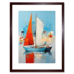 Artery8 Wall Art Print Abstract Sailing Boats Ships Oil Painting Palette Knife Bathroom Artwork Vibrant Orange Blue Harbor Seascape Artwork Framed - thumbnail 1
