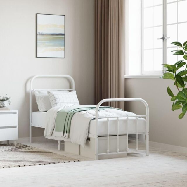 Metal Bed Frame with Headboard and Footboard White 75x190 cm Small Single