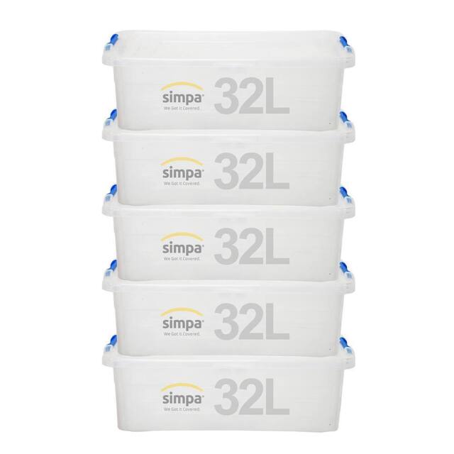 simpa 32L Underbed Plastic Storage Box with Click Lock Lid - Set of 5 in Clear - image 1