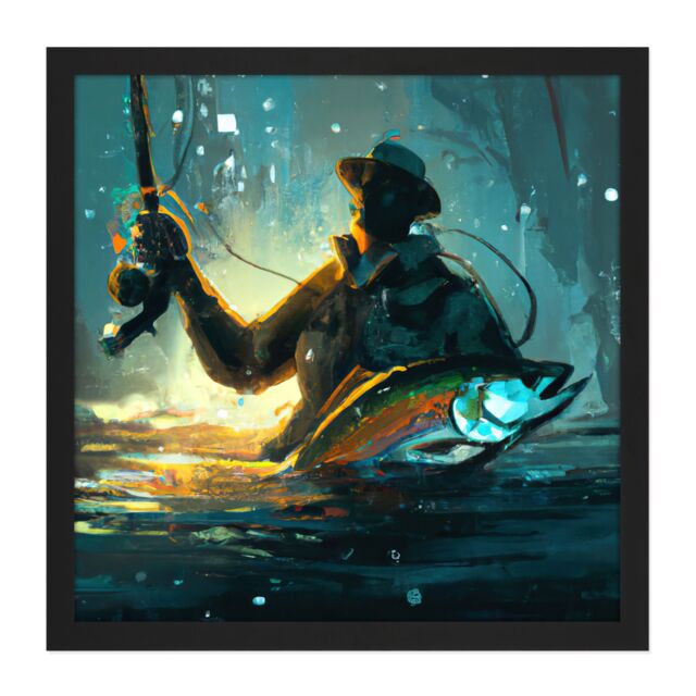 "Artery8 Wall Art Print Fly Rod Fishing Fisherman in Water With Large Fish Abstract Painting Square Framed Picture 16X16 Inch - Size: W16"" x H16""" - image 1