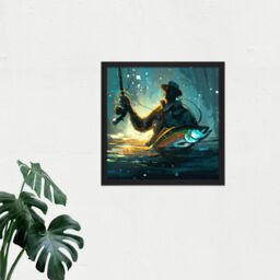 "Artery8 Wall Art Print Fly Rod Fishing Fisherman in Water With Large Fish Abstract Painting Square Framed Picture 16X16 Inch - Size: W16"" x H16""" - thumbnail 2