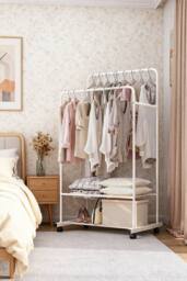 ExtraStar Double-Rod Rolling Clothes Rack, Metal Garment Rack with Wheels in White